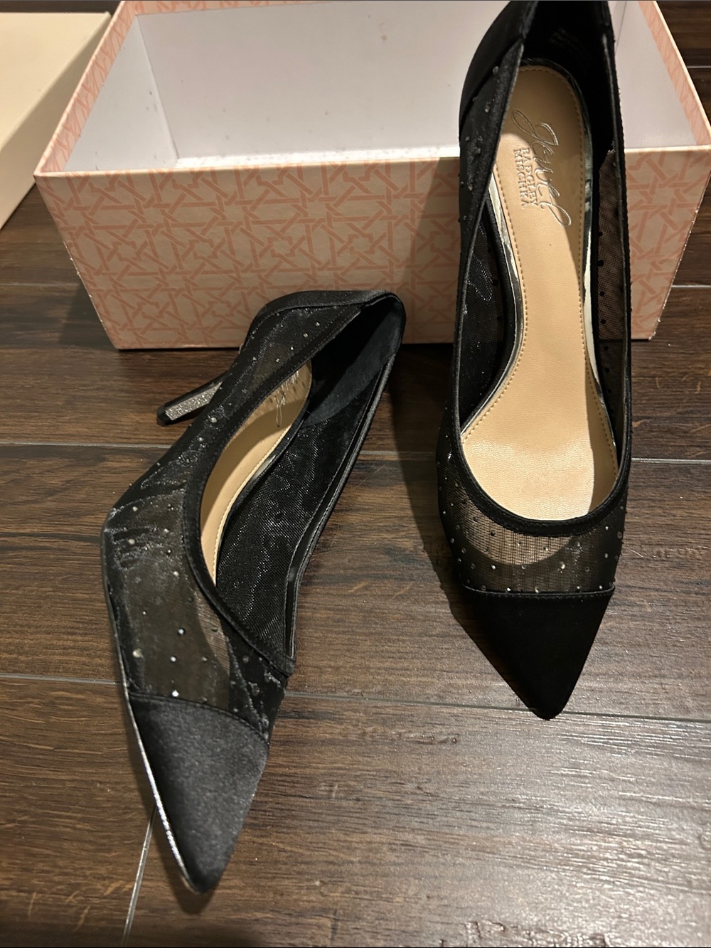 Jewel Badgley Mischka Black Pointed Toe Mesh Crystal Pumps